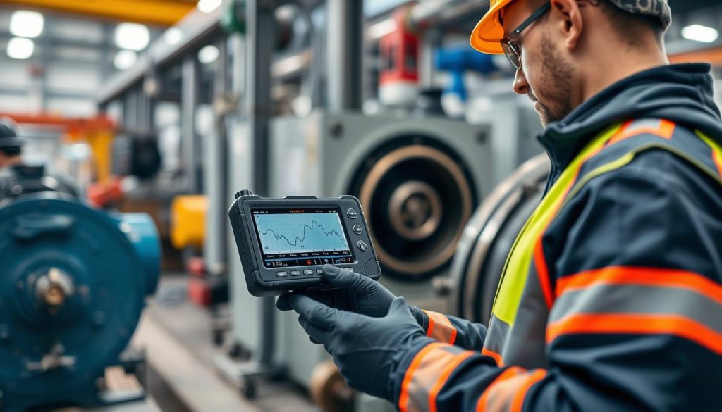 Maintenance technician using condition monitoring equipment to analyze machine health