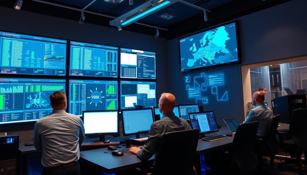 Managed Service Provider Europe operations center with IT professionals monitoring systems