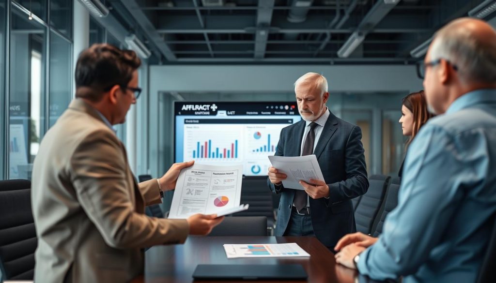 Manufacturing executives reviewing AI visual inspection performance metrics in office