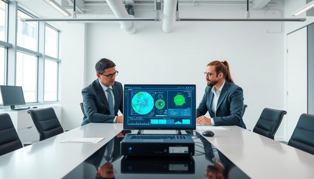 Manufacturing professional reviewing artificial intelligence visual inspection system in office environment