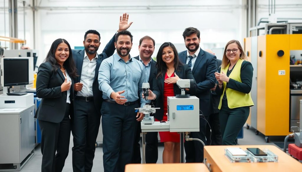 Manufacturing team celebrating successful implementation of visual inspection equipment