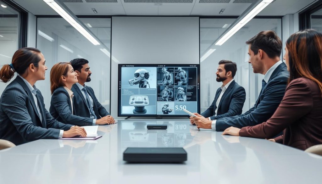 Manufacturing team implementing artificial intelligence visual inspection system