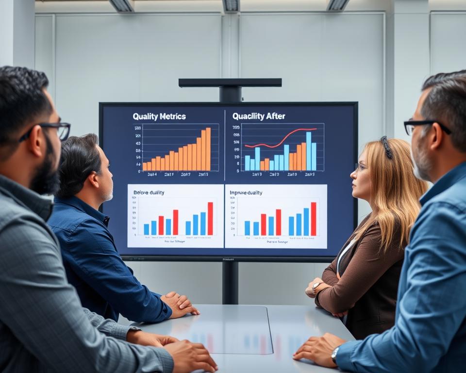 Manufacturing team reviewing quality metrics after AI integration