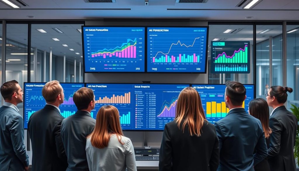 Modern kontorsmiljö där säljteam använder AI försäljningsprognos på stora skärmar