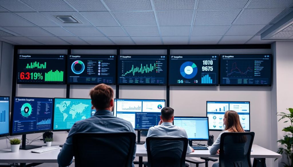 Modern kontorsmiljö med IT-säkerhetsteam som övervakar EDR företag lösningar