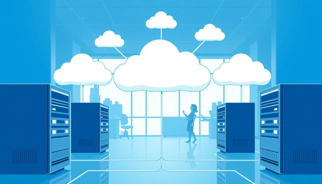 Molndrift infrastruktur med servrar och molnsymboler för företag
