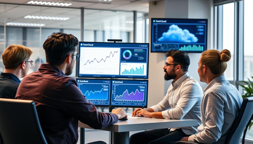 Multi-cloud implementation team reviewing performance metrics on dashboard