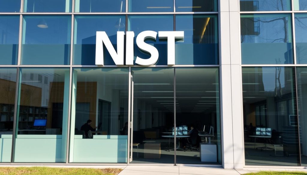 NIST huvudkontor med personer som arbetar vid datorer i en modern kontorsmiljö