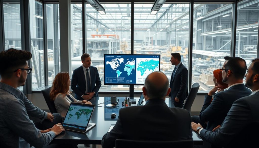 Operations and security leaders in an office review a risk plan for cyber security companies in Pune