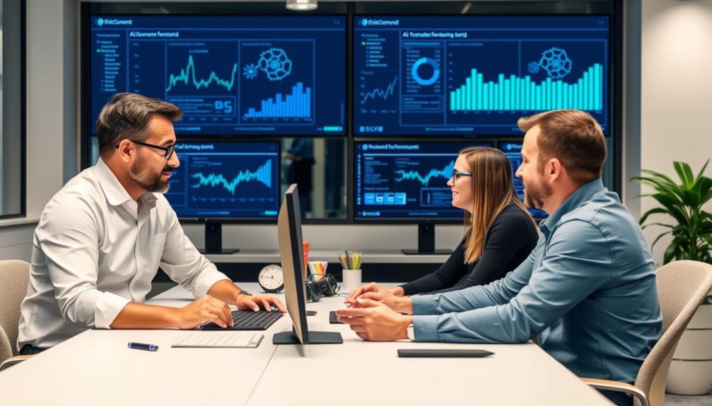 Opsio experter som arbetar med AI efterfrågeprognos i kontorsmiljö