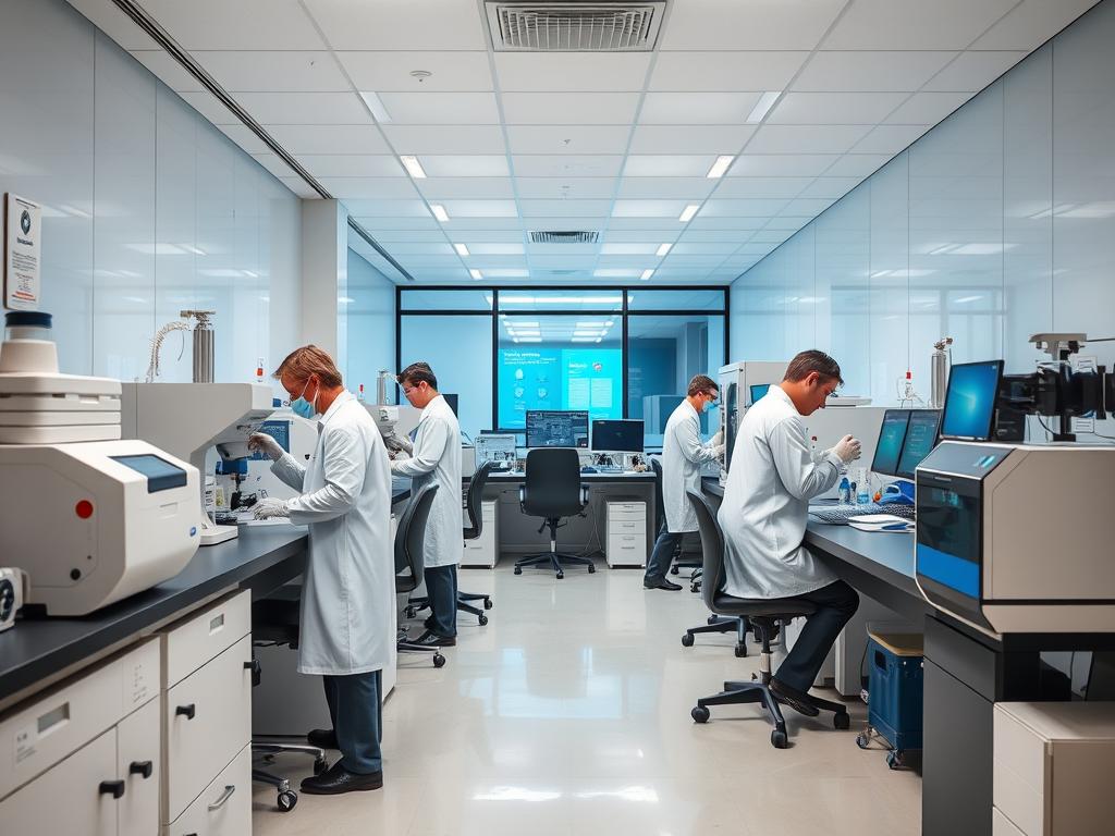 Pharmaceutical quality control lab with AI-assisted testing equipment