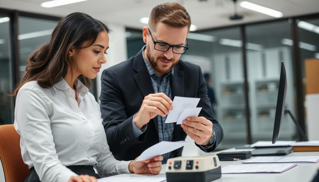 Qualitätsingenieur bei der visuellen Inspektion eines Produkts in einer Büroumgebung
