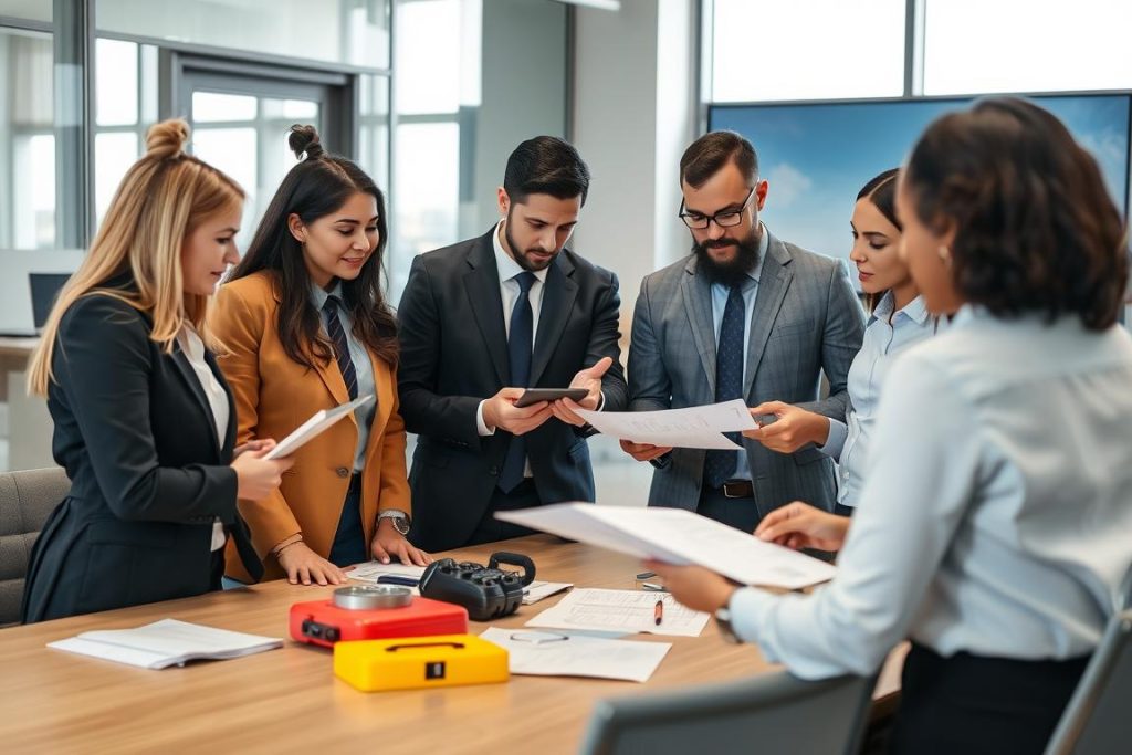 Quality control team discussing visual inspection equipment specifications