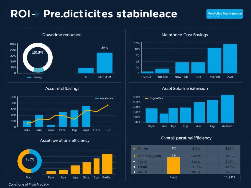 ROI analysis dashboard for predictive maintenance implementation showing key metrics