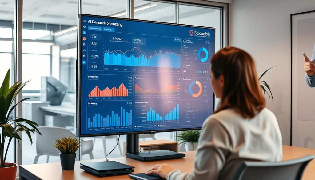 Realtids AI efterfrågeprognos dashboard i kontorsmiljö