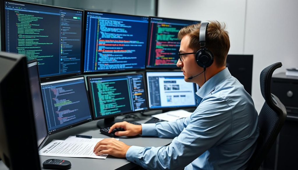 Säkerhetsexpert utför manuellt penetrationstest på datorer i kontorsmiljö