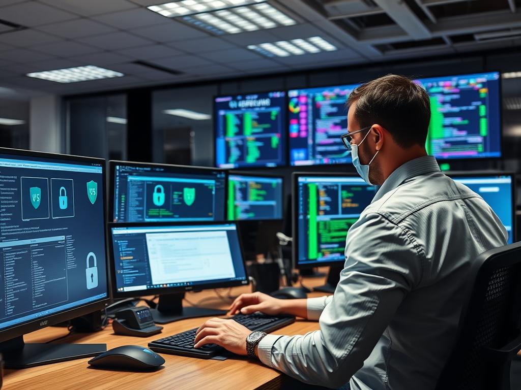 Säkerhetstekniker som implementerar skyddsåtgärder på ett företags nätverk