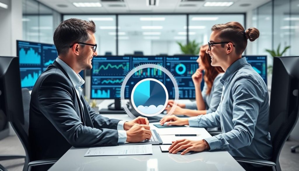 Säljteam i kontorsmiljö som drar nytta av automatiserade AI försäljningsprognos-verktyg