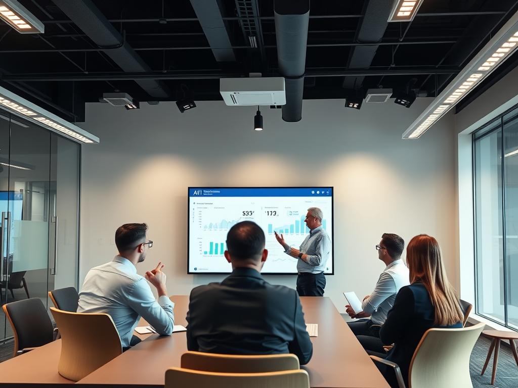 Säljteam som får utbildning i AI försäljningsprognos i kontorsmiljö