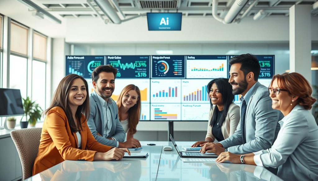 Sammanfattande bild av AI försäljningsprognos i modern kontorsmiljö
