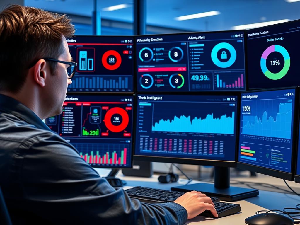 Security analyst reviewing AI-generated threat intelligence dashboard
