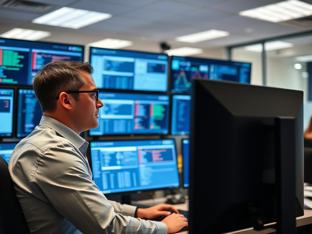 Security analyst reviewing cloud security alerts on multiple screens