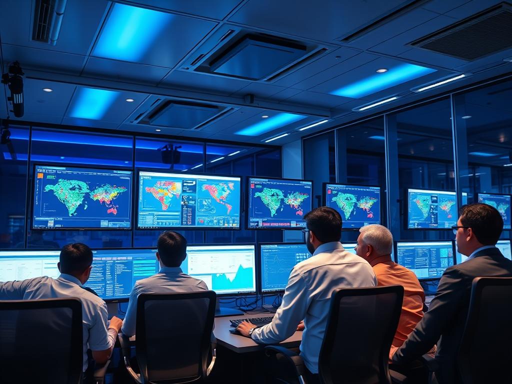 Security operations center with analysts monitoring cyber threats at a leading cybersecurity company in Hyderabad