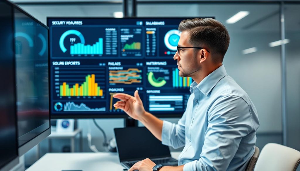 Security professional monitoring cloud security automation tools dashboard in modern office environment