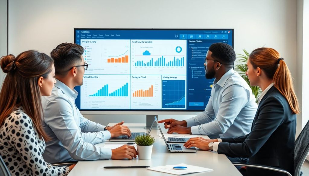 Security team analyzing cloud security metrics dashboard in an office environment