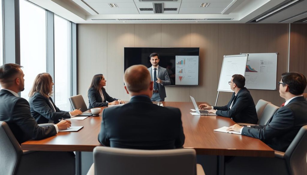 Security team presenting cloud security metrics to executives in an office boardroom