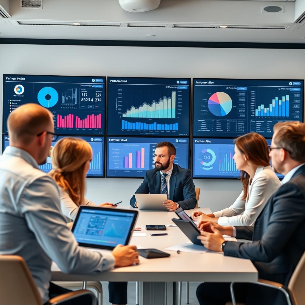 Service improvement review meeting with performance dashboards in Swedish office