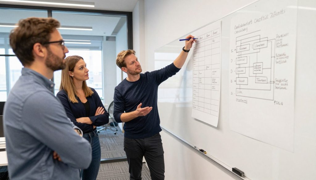 Svenska personer i kontorsmiljö vid whiteboard med checklistor