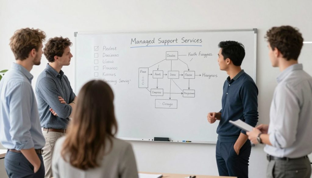 Svenska personer i kontorsmiljö vid whiteboard med checklistor för managerade supporttjänster