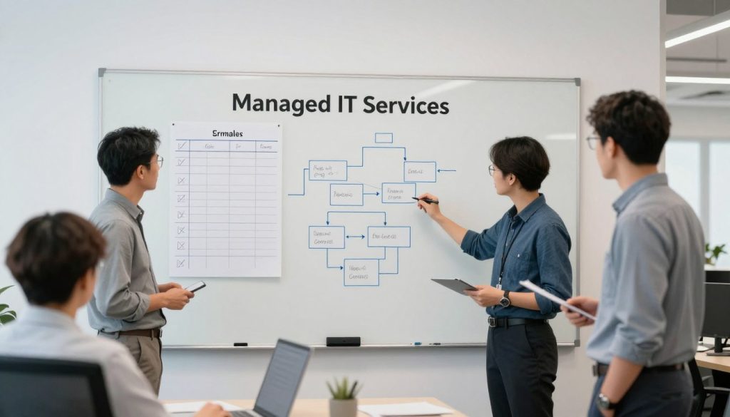 Svenska personer i kontorsmiljö vid whiteboard som planerar managerade IT-tjänster med checklistor