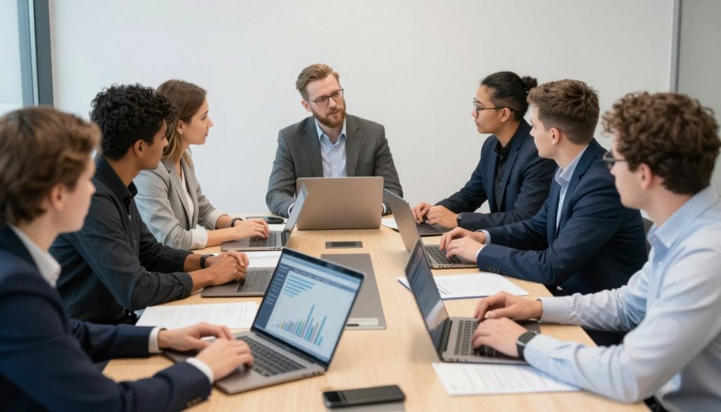 Svenskt team i kontorsmiljö som gör uppföljning av managerade IT-tjänster i mötesrum