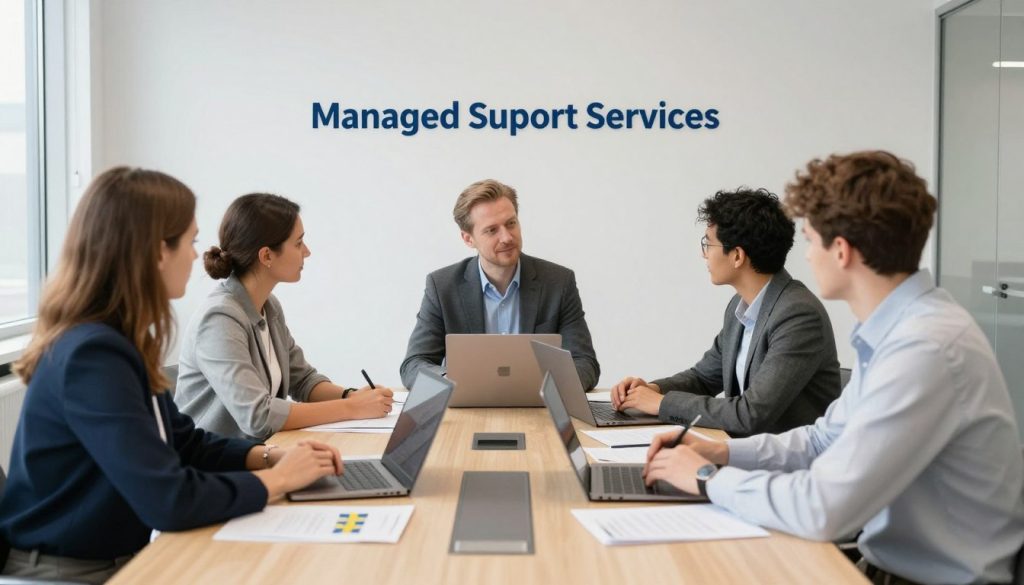 Svenskt team i kontorsmiljö som gör uppföljning av managerade supporttjänster