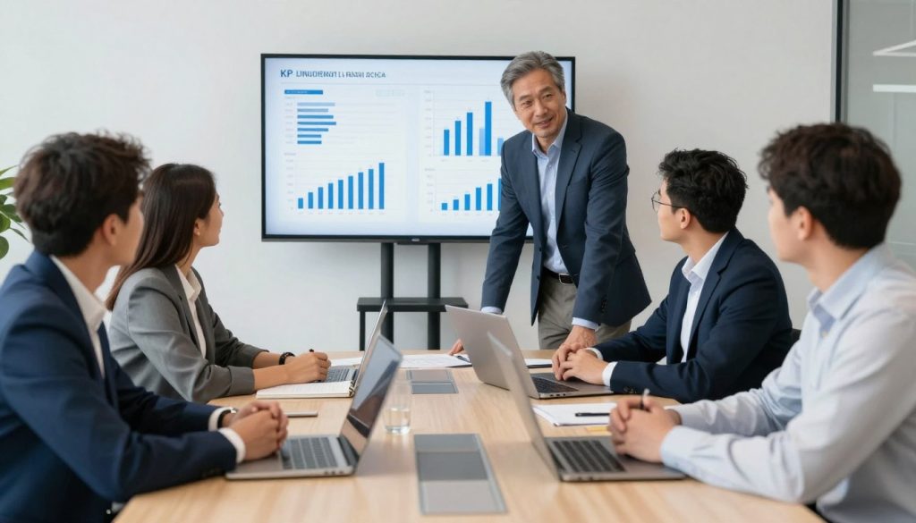 Svenskt team i kontorsmiljö som gör uppföljning i mötesrum