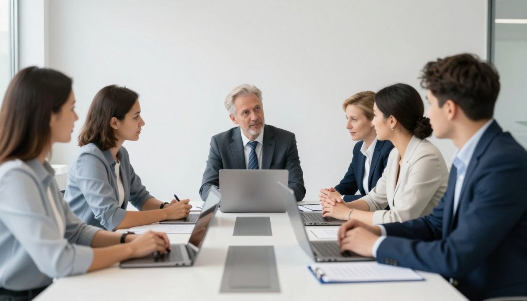 Svenskt team i kontorsmiljö som gör uppföljning i mötesrum om managerade supporttjänster