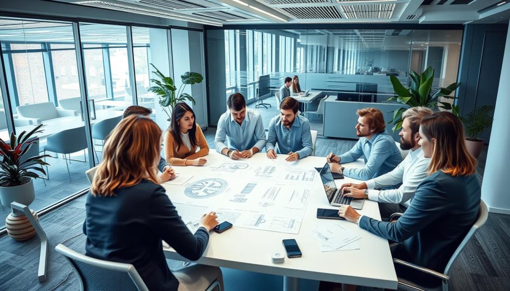 Systemutveckling i kontorsmiljö med fokus på team som diskuterar arkitektur