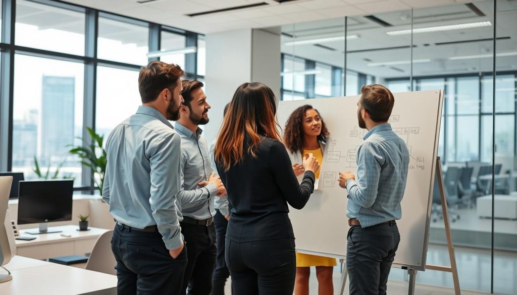 Systemutveckling i modern kontorsmiljö med utvecklare som samarbetar