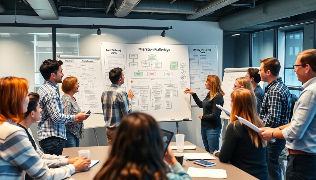 Team collaborating to solve legacy application cloud migration challenges