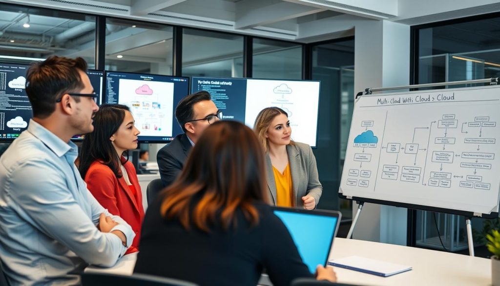 Team collaboration on multi-cloud strategy in a modern office setting