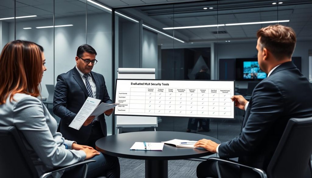 Team evaluating multi-cloud security solutions with evaluation criteria