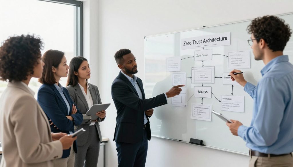 Team of American professionals mapping zero trust access paths on a whiteboard