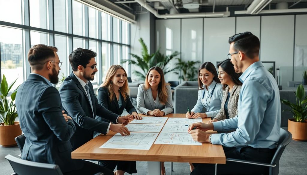 Team som diskuterar systemutvecklingsutmaningar i kontorsmiljö
