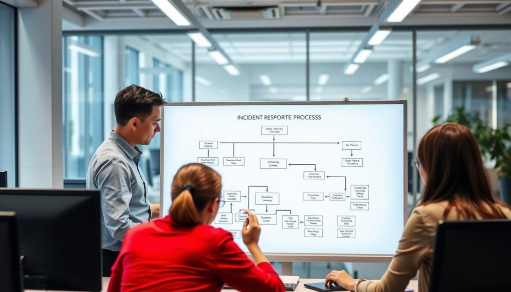 Team som implementerar process för NIS2 incidentrapportering i kontorsmiljö