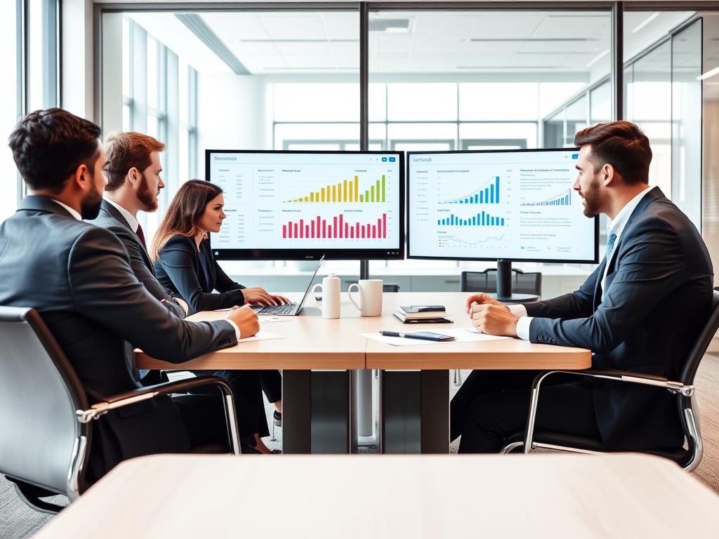 Team som utvärderar en försäljningsprognos i ett modernt konferensrum