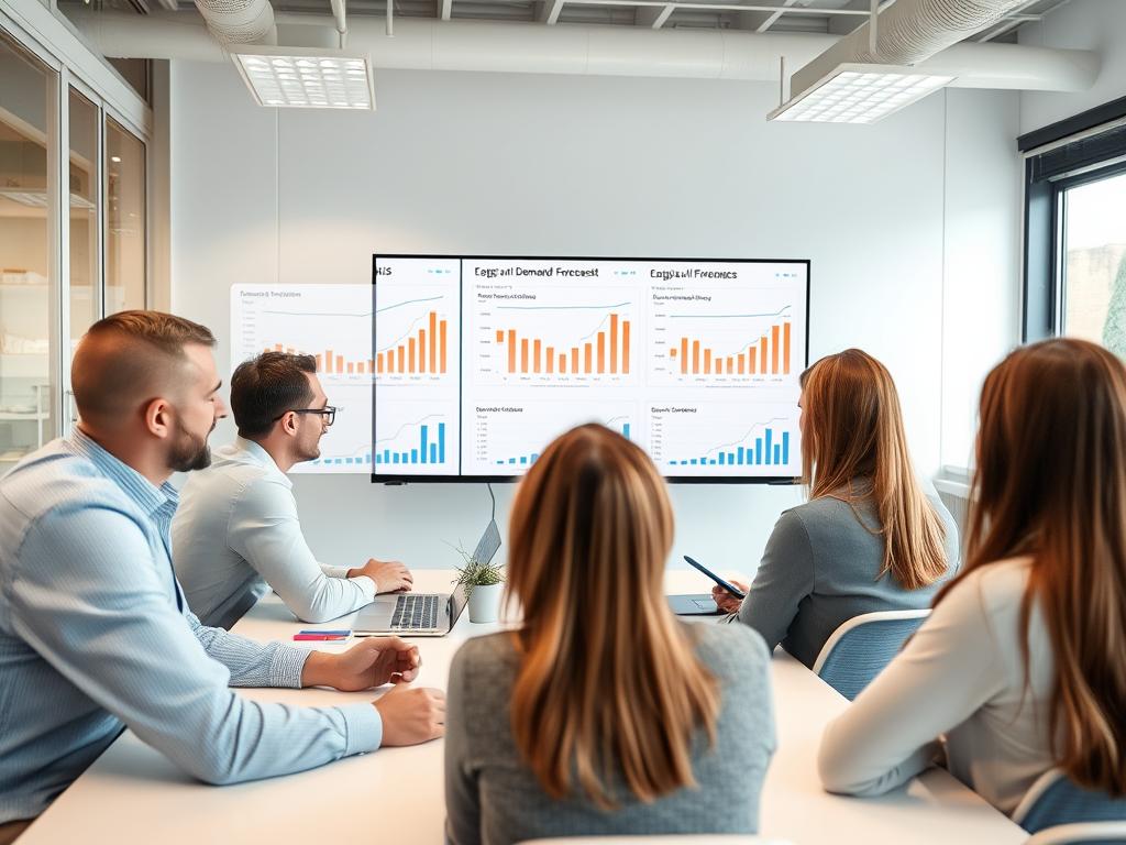 Teamdiskussion om val av AI efterfrågeprognos modell i kontorsmiljö