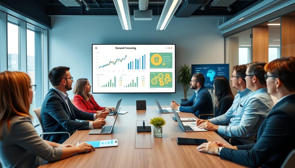 Teammedlemmar som diskuterar demand forecasting modeller på ett möte