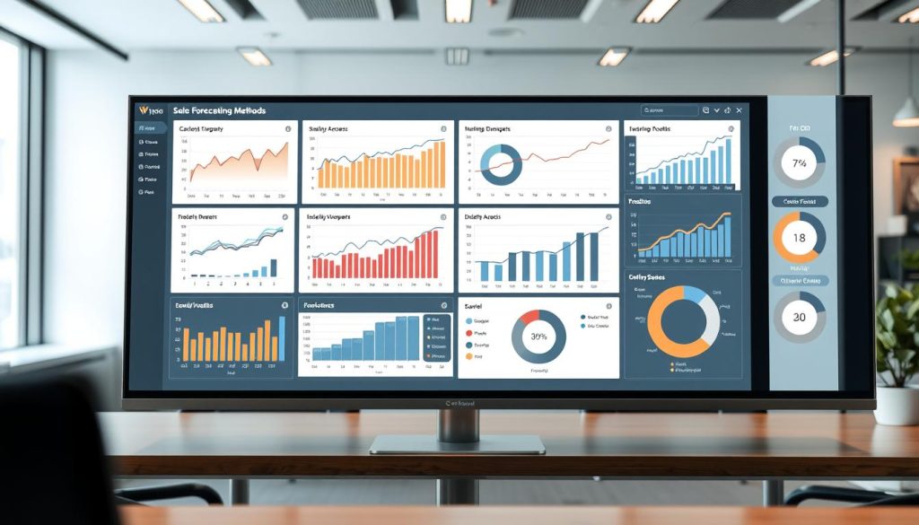 Visualisering av olika försäljningsprognos-metoder med grafer och diagram på en digital dashboard
